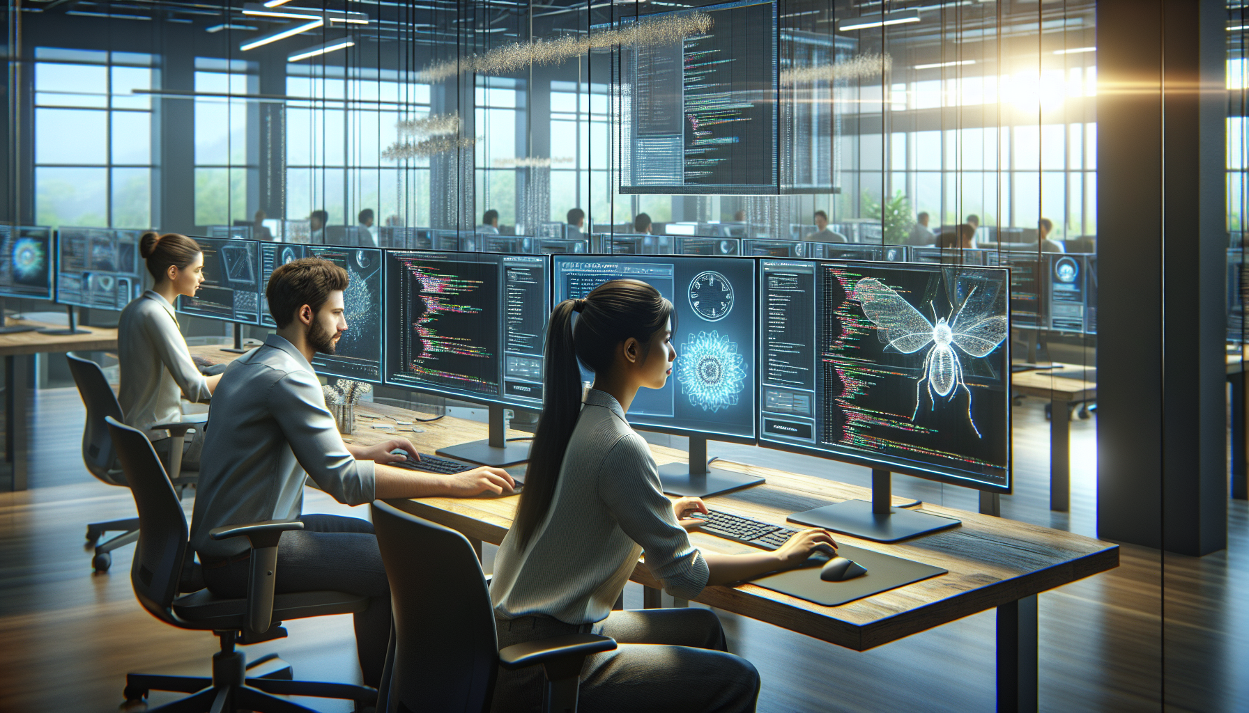 QA team testing desktop applications on dual monitors with performance graphs and bug tracker in modern office