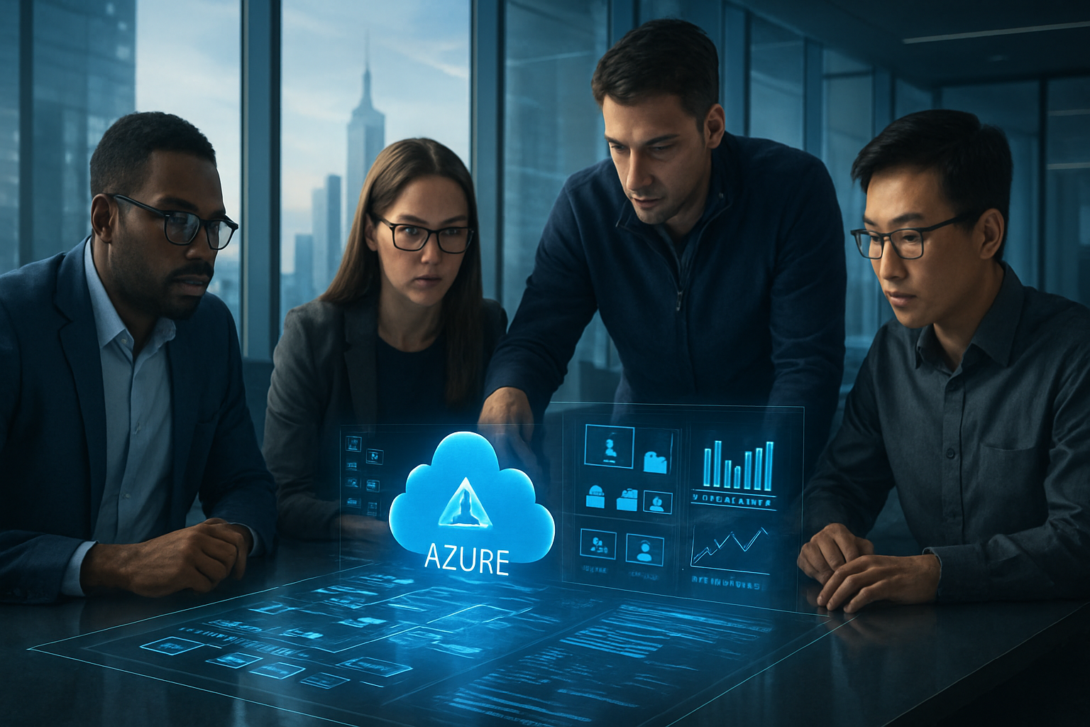 Illustration of IT team planning Azure Virtual Desktop deployment 2025 with cloud diagrams and cost charts