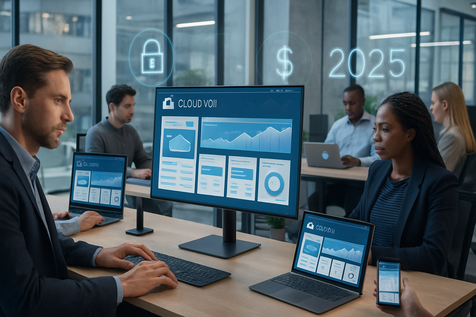 Multiple devices in office display best free VDI solution 2025 dashboard, showing secure budget-friendly virtual desktops