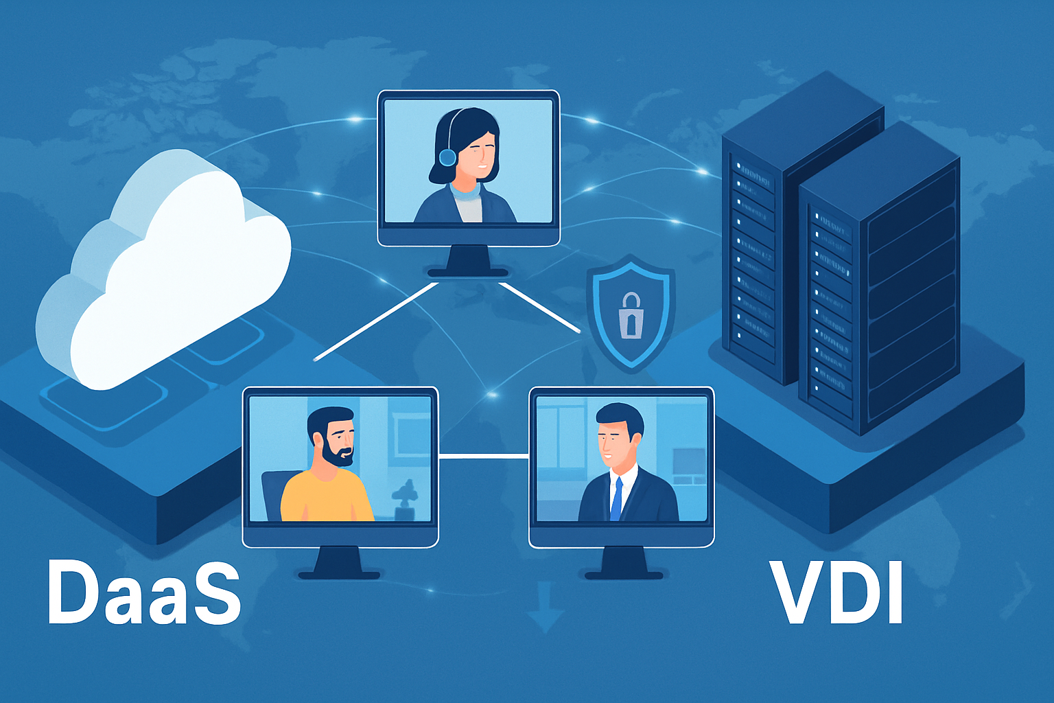 Isometric graphic comparing Cloud DaaS vs on-prem VDI remote desktops for hybrid workforce latency, security and cost