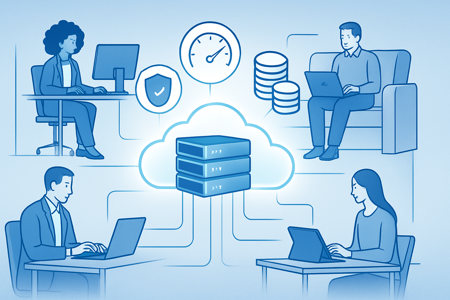 Professional illustration of cloud VDI: secure remote desktops linked to cloud servers with cost, performance icons.