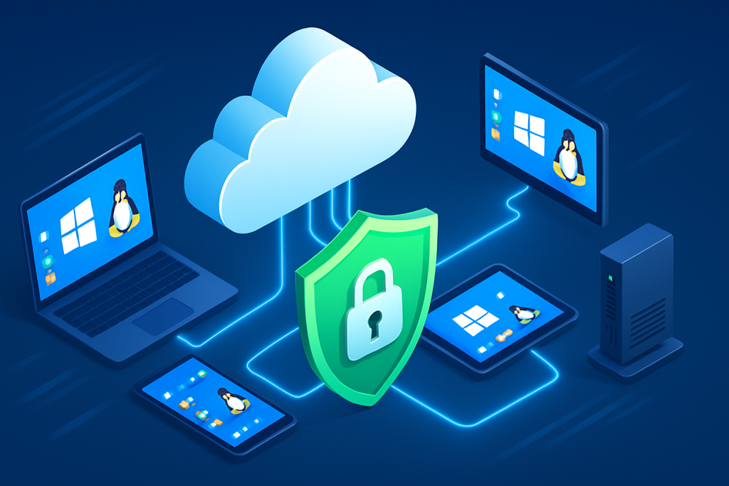 DaaS cloud desktops on multiple devices with security shield, representing fast, secure Windows and Linux access