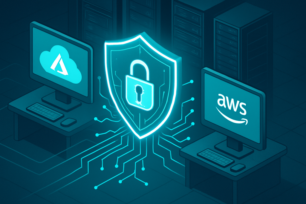 Illustration of cloud desktops shielded by a padlock, symbolizing DaaS security best practices and compliance.