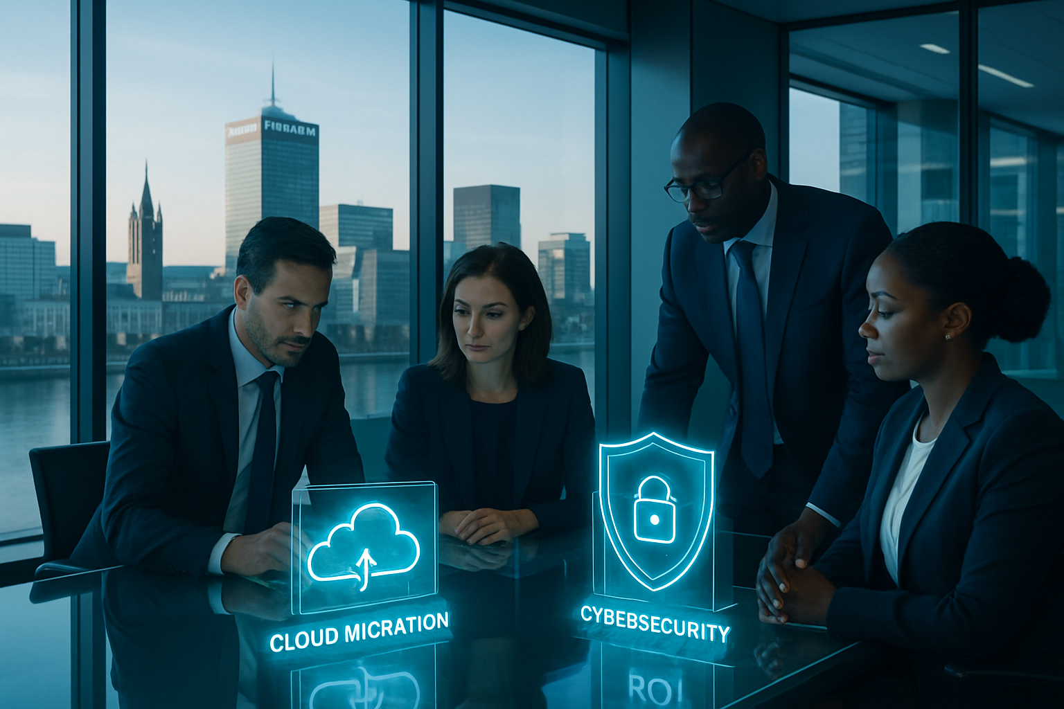IT consulting services for Warrington businesses team analysing cloud and cybersecurity dashboards in modern office