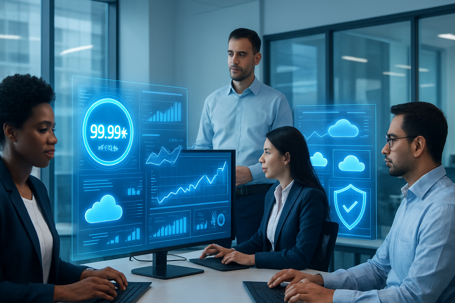 Diverse IT team and cloud dashboard show managed service provider boosting uptime, cutting IT costs for businesses.