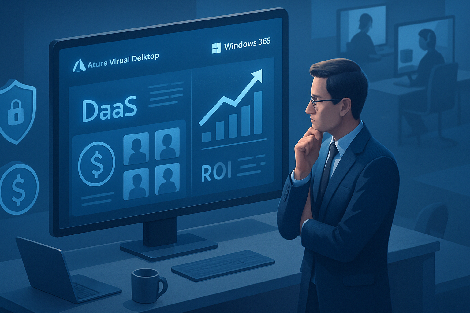 Professional illustration of Microsoft DaaS dashboard with Azure Virtual Desktop, Windows 365, costs, security, ROI graphs
