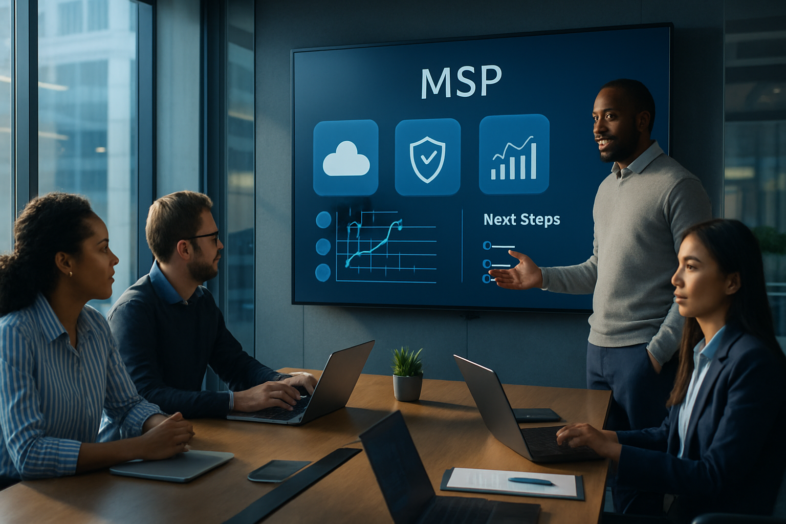 Diverse MSP team reviewing IT service dashboard and next-steps roadmap in modern office setting