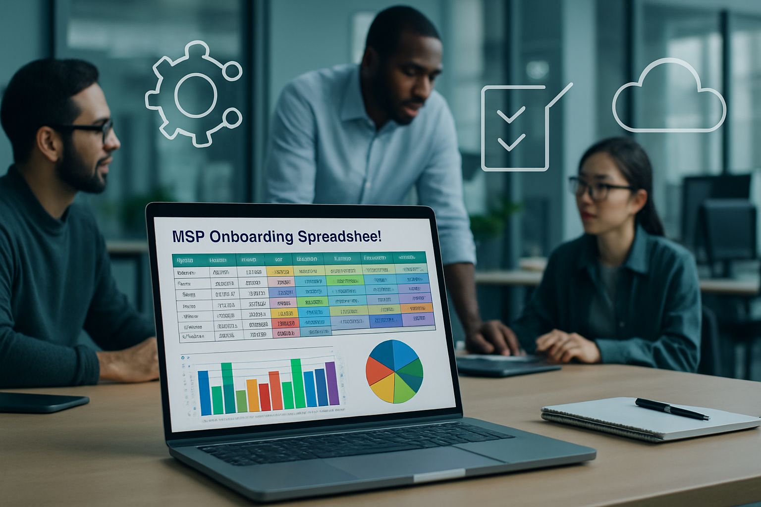 Professional laptop displaying MSP onboarding spreadsheet template with automation icons in modern office