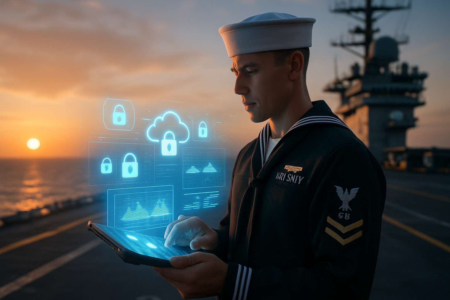 Sailor using Navy virtual desktop for secure access to cloud fleet data on tablet aboard ship at sunset.
