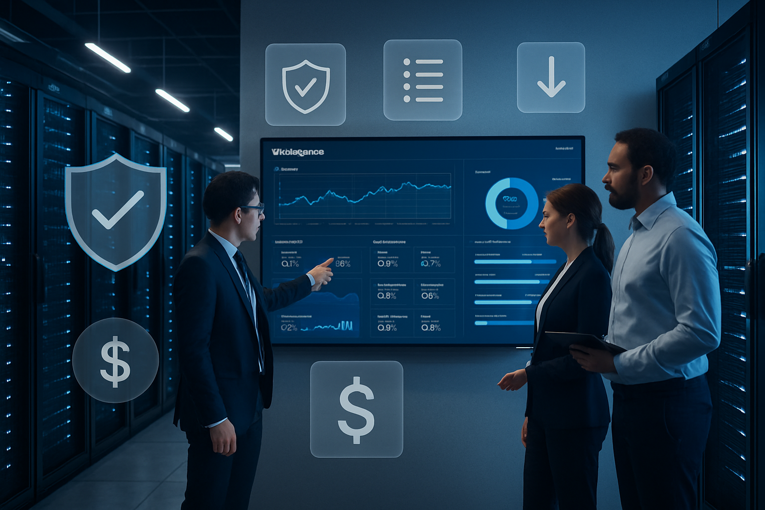 Modern IT manager reviews on-prem VDI dashboard in secure data center, symbolizing control, compliance and cost savings