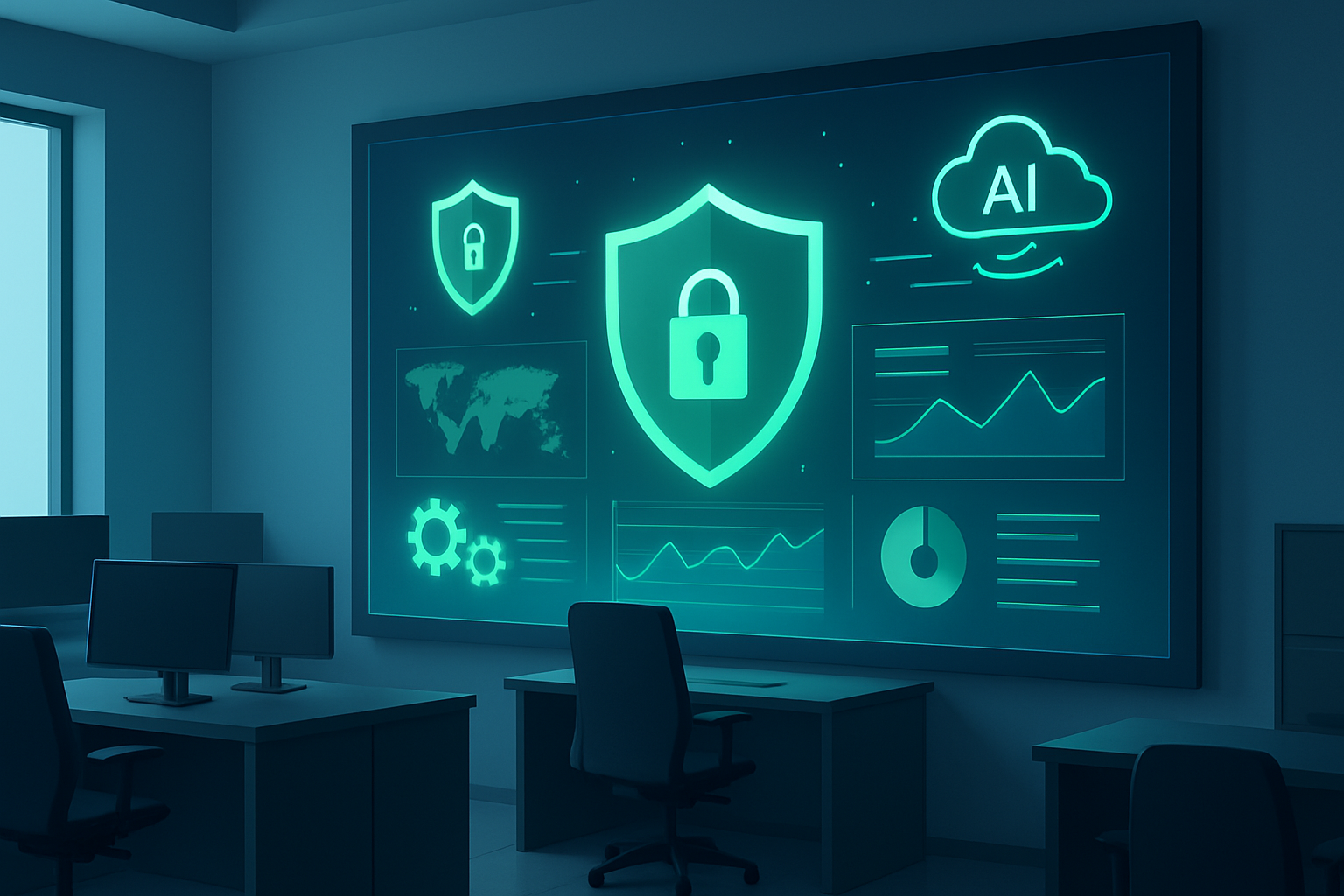 Set-it-and-forget-it cybersecurity dashboard in a modern office, showing automated defenses all green