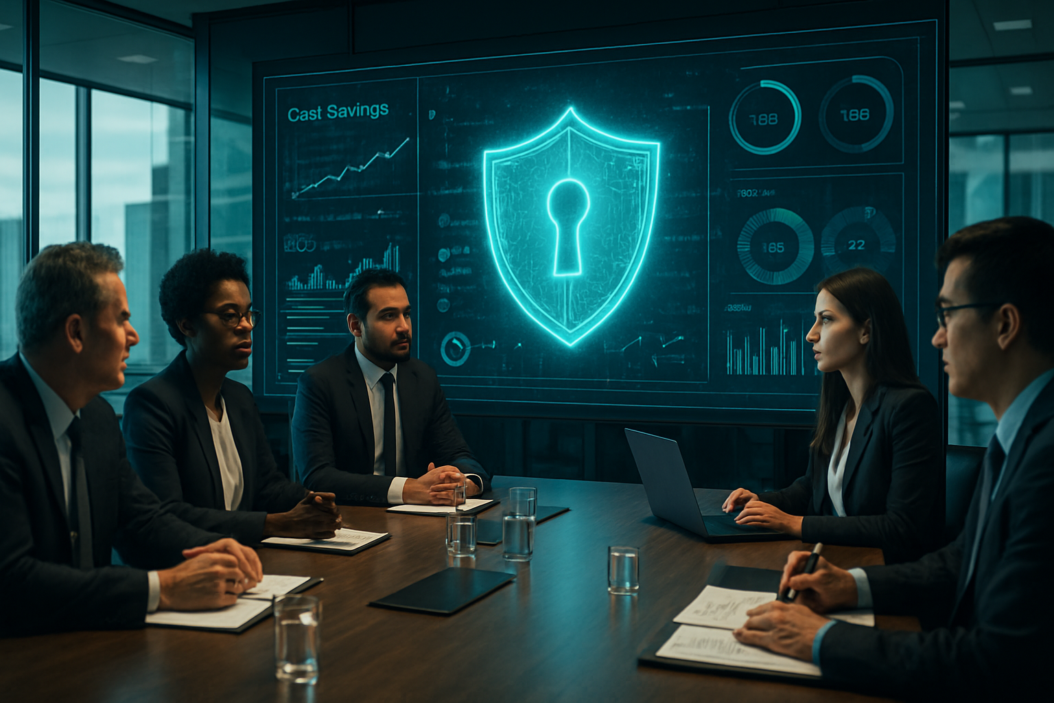Boardroom discussing cybersecurity metrics with virtual CISO dashboard illustrating costs and value, vCISO companies