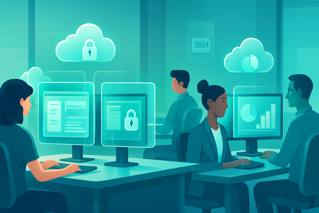 Illustration of a 2024 small business office using cloud VDI desktops, highlighting cost-saving virtual workspace solutions.