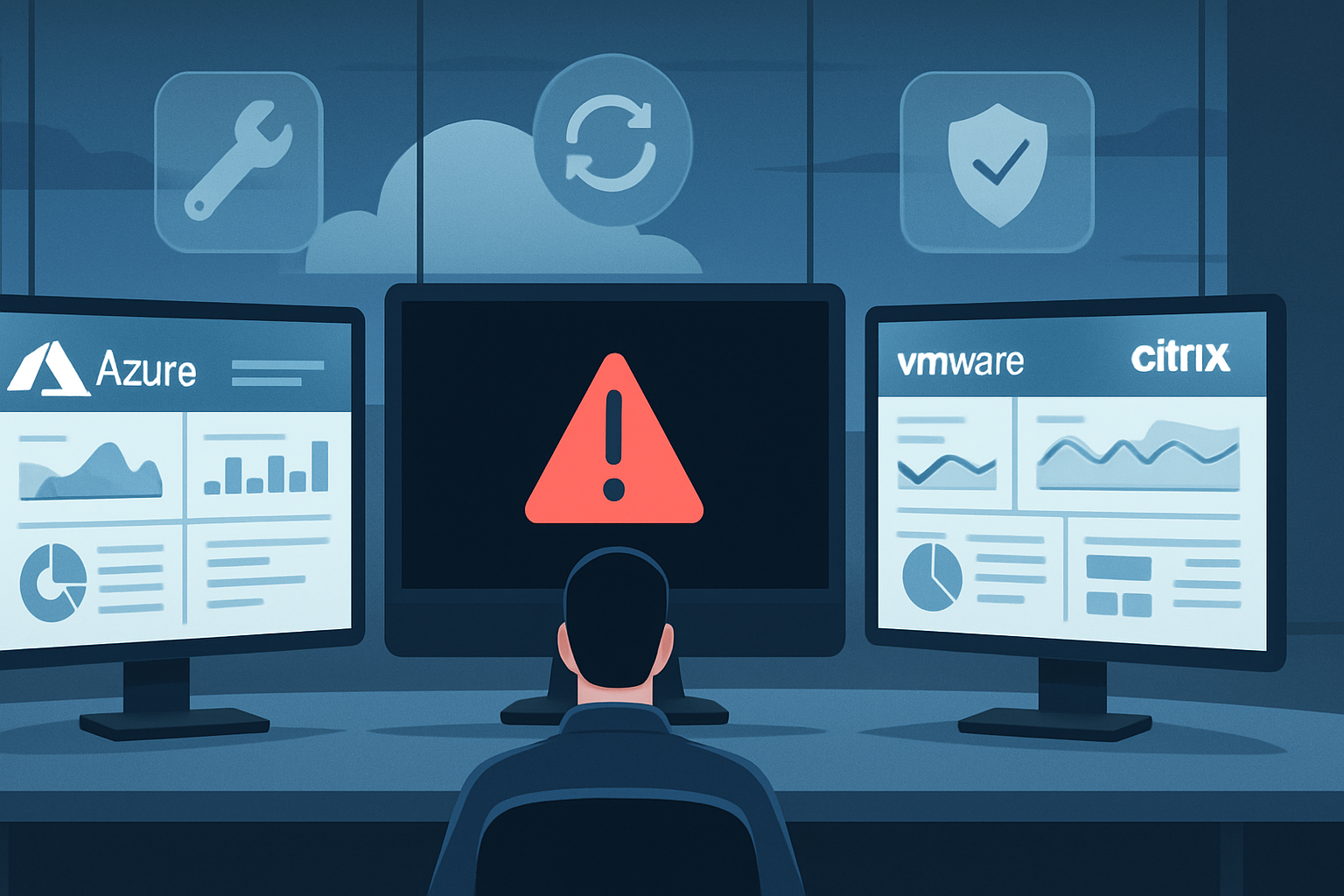IT admin troubleshooting virtual desktop black screen on Azure, VMware and Citrix dashboards with fix icons