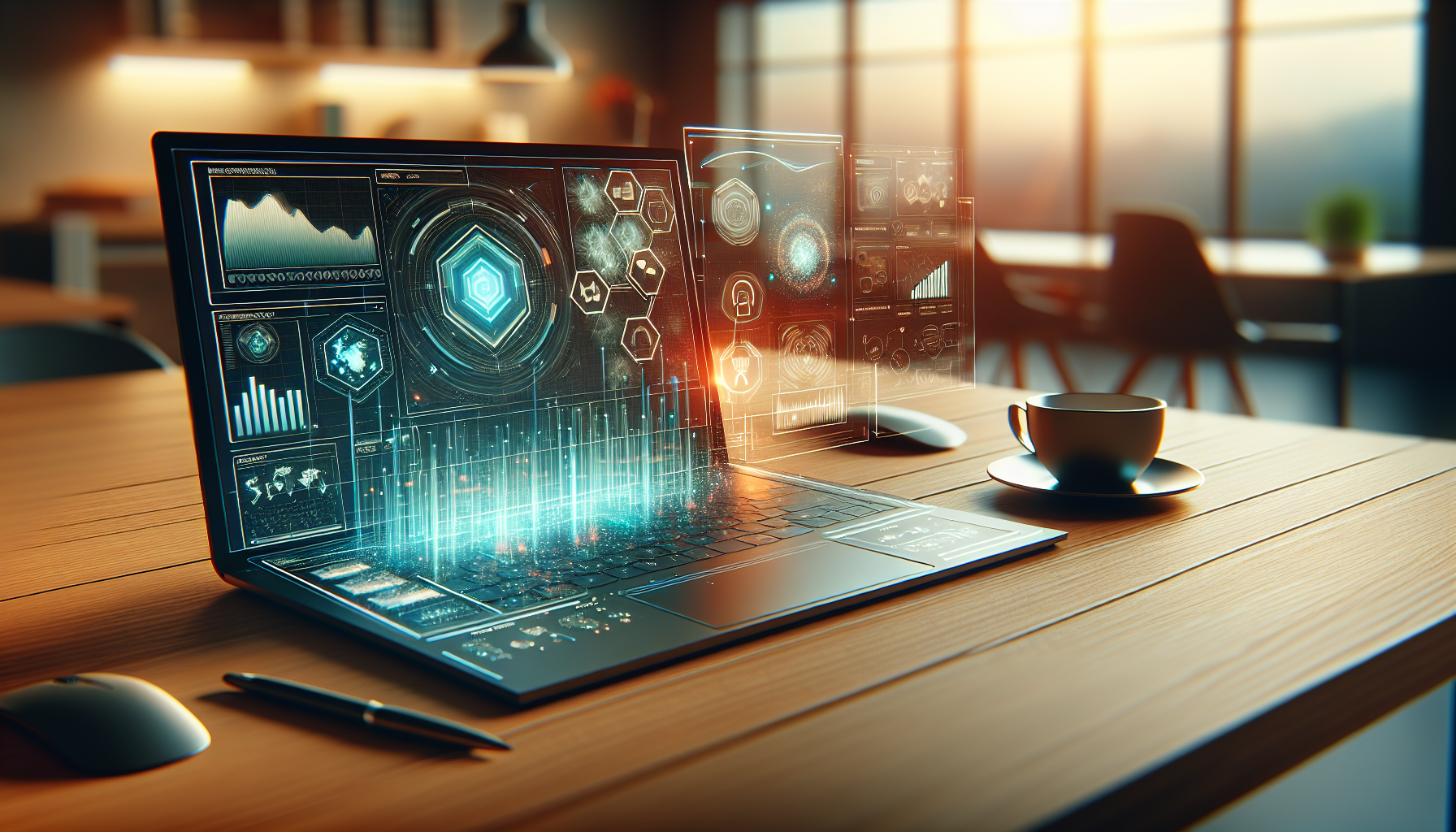 Modern laptop running VDI dashboard in stylish office, illustrating secure high-performance remote work benefits