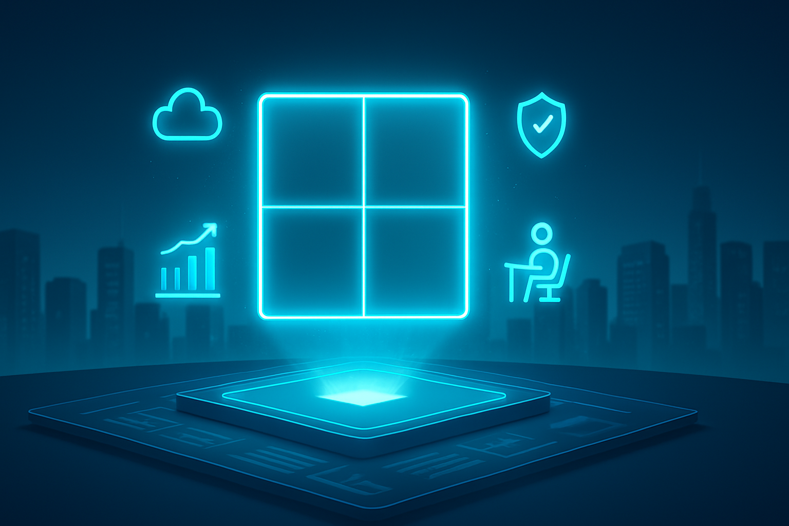 Abstract 3D quadrant chart over digital workspace icons symbolizing 2024 Gartner Magic Quadrant desktop virtualization