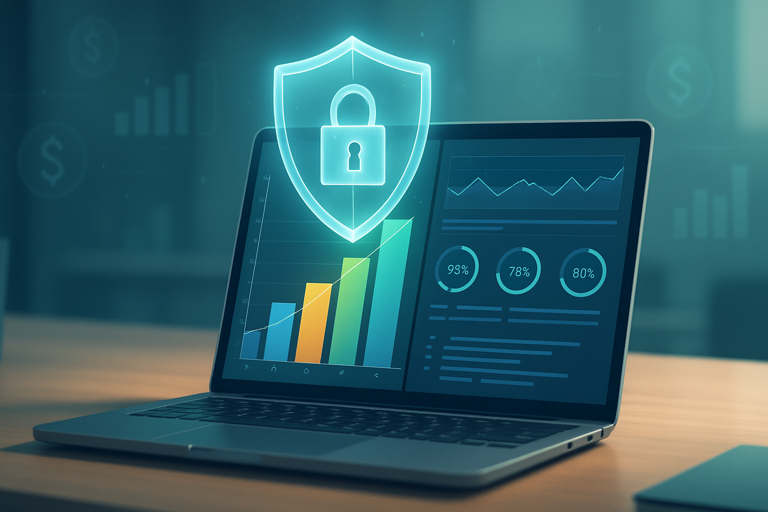Professional illustration of CISO as a Service cost breakdown with digital shield and pricing graph on laptop screen