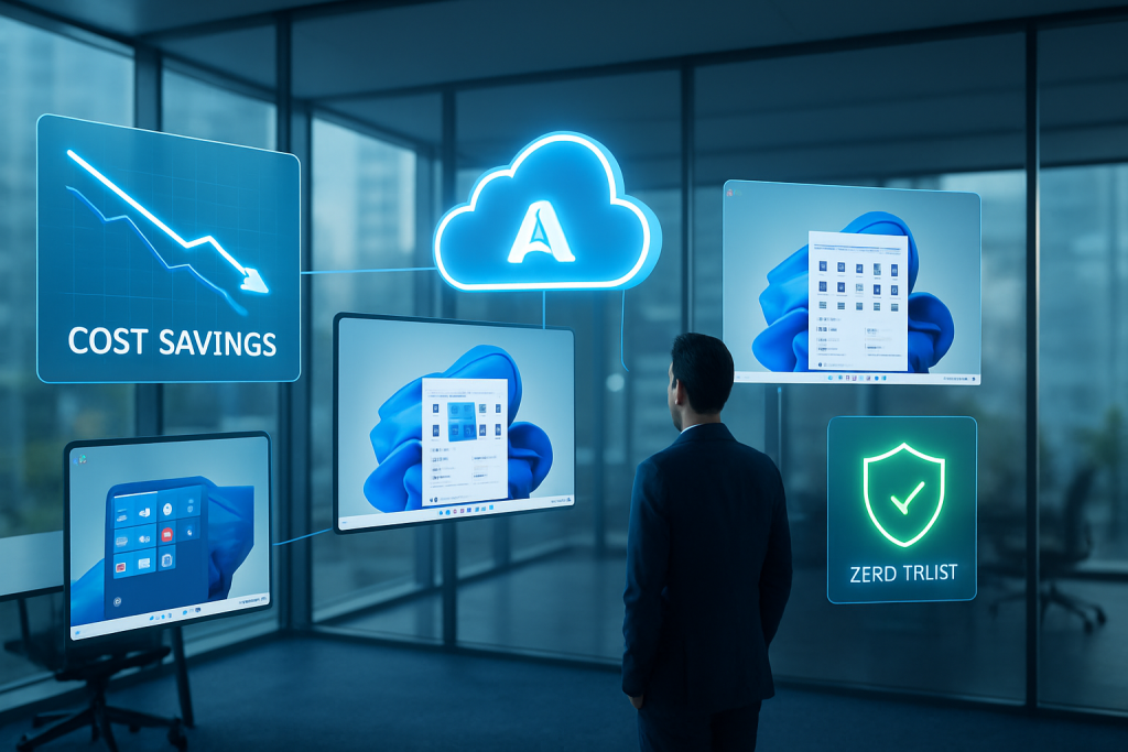 Azure DaaS Windows virtual desktops with cost-cutting graph and zero-trust security shield in modern office