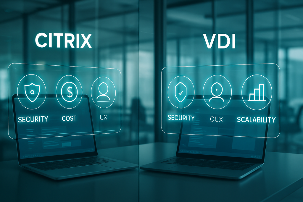 Professional 2025 infographic comparing Citrix vs VDI on security, cost, UX and scalability in modern office
