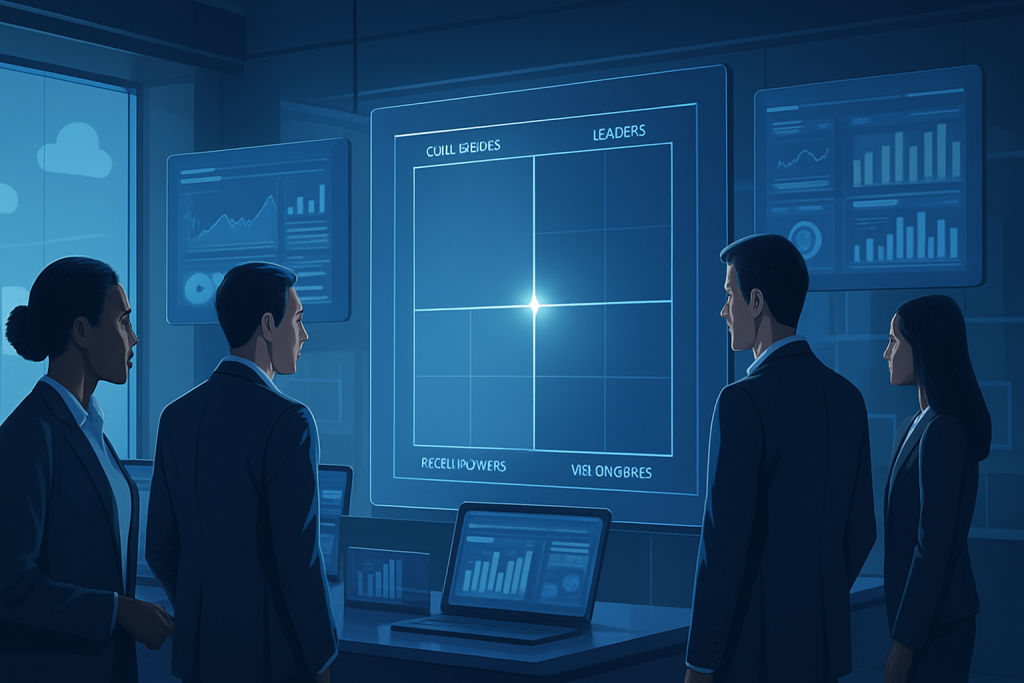 Business team reviewing Gartner 2024 VDI rankings on holographic chart in modern hybrid office workspace