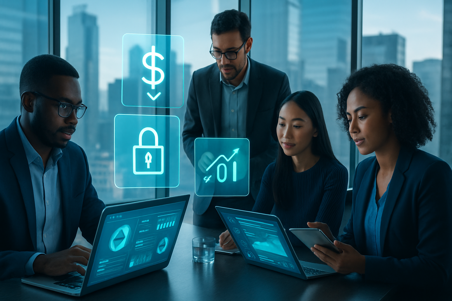 Professionals using secure virtual desktops with ROI graph and cost-savings icons, illustrating hybrid team productivity