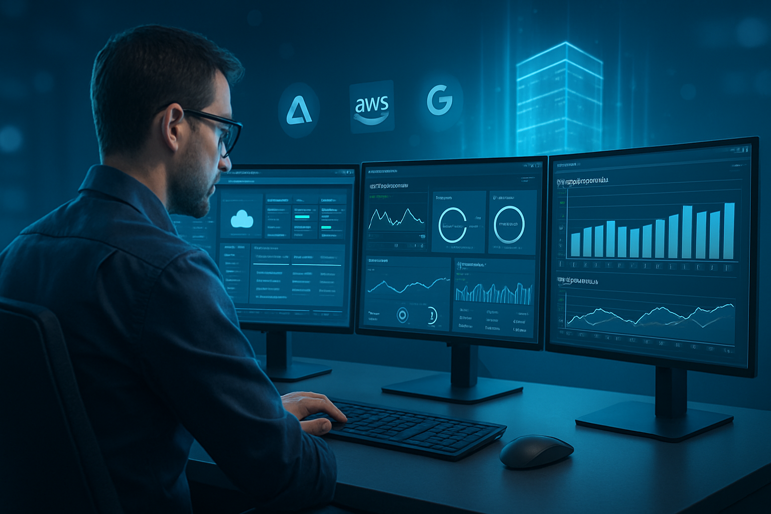 Professional illustration of a user testing VDI demo dashboards on multiple virtual desktops, step-by-step guide comparison