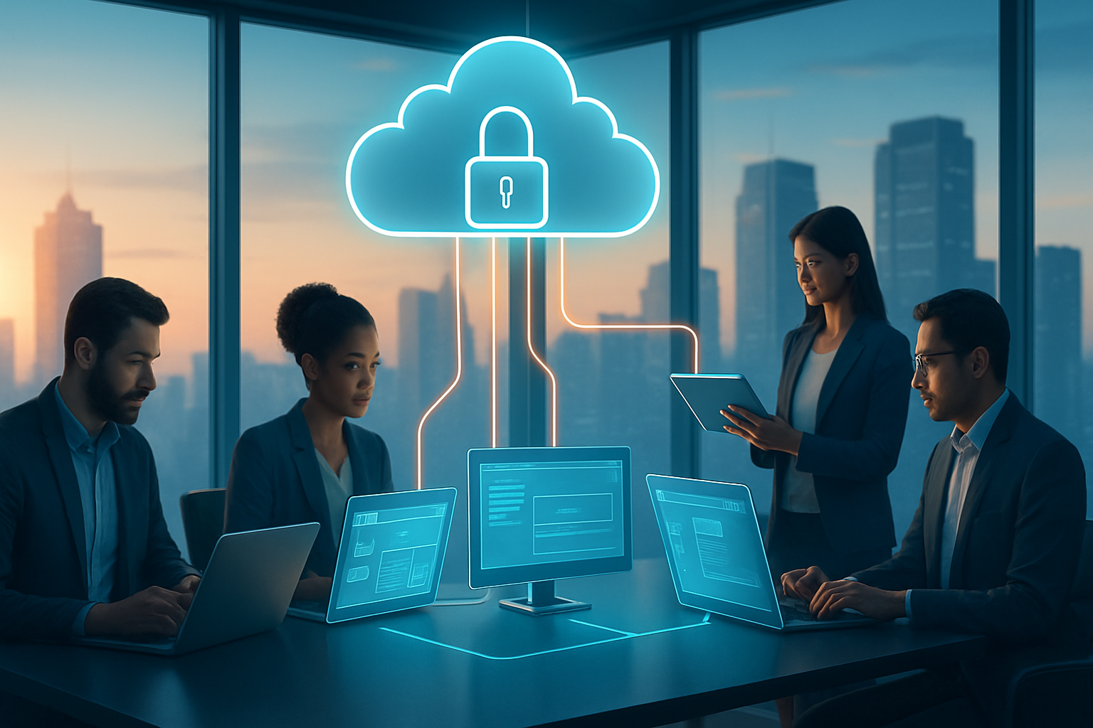 Illustration of VDI software delivering secure cloud desktops to multiple devices in modern office, 2024.