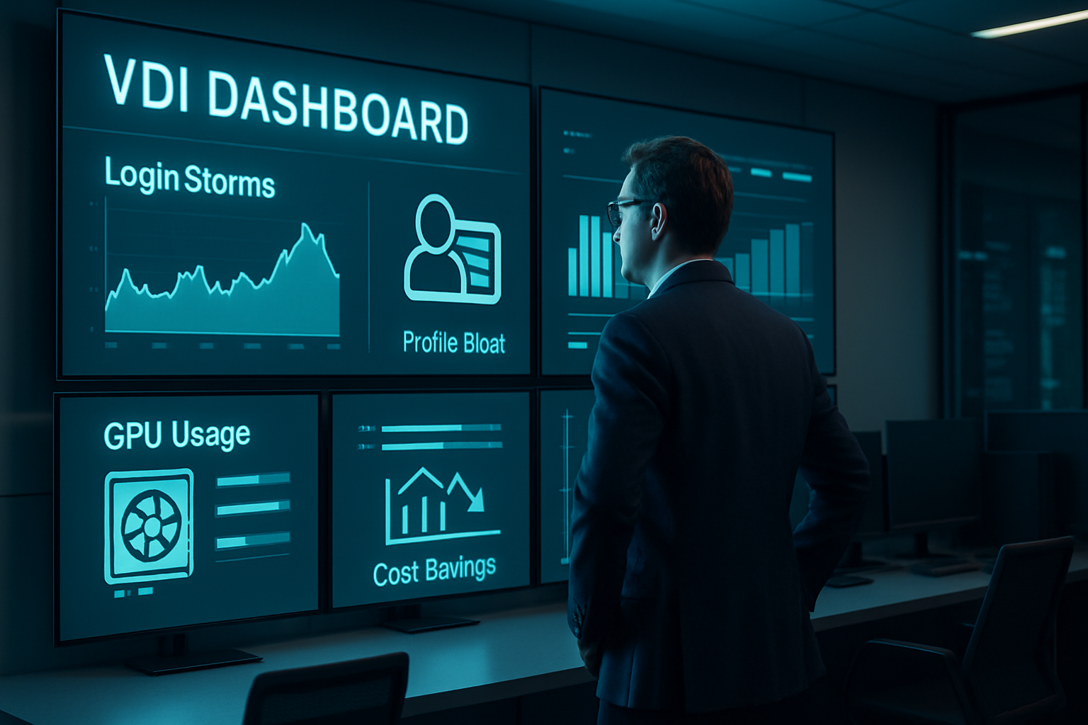IT admin reviewing VDI support dashboard for performance and cost optimization in modern data center