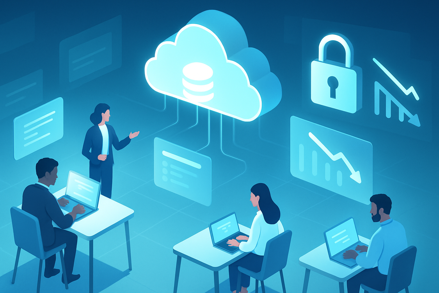 Illustration of virtual desktop infrastructure in cloud computing with remote workers, secure desktops and cost savings