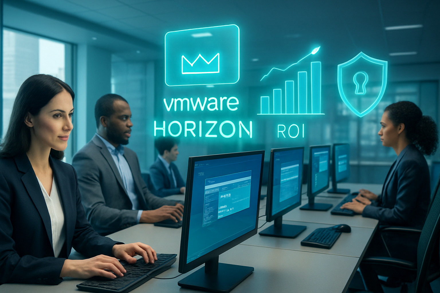 VMware Horizon virtual desktop graphic with ROI chart, security shield and hybrid team laptops