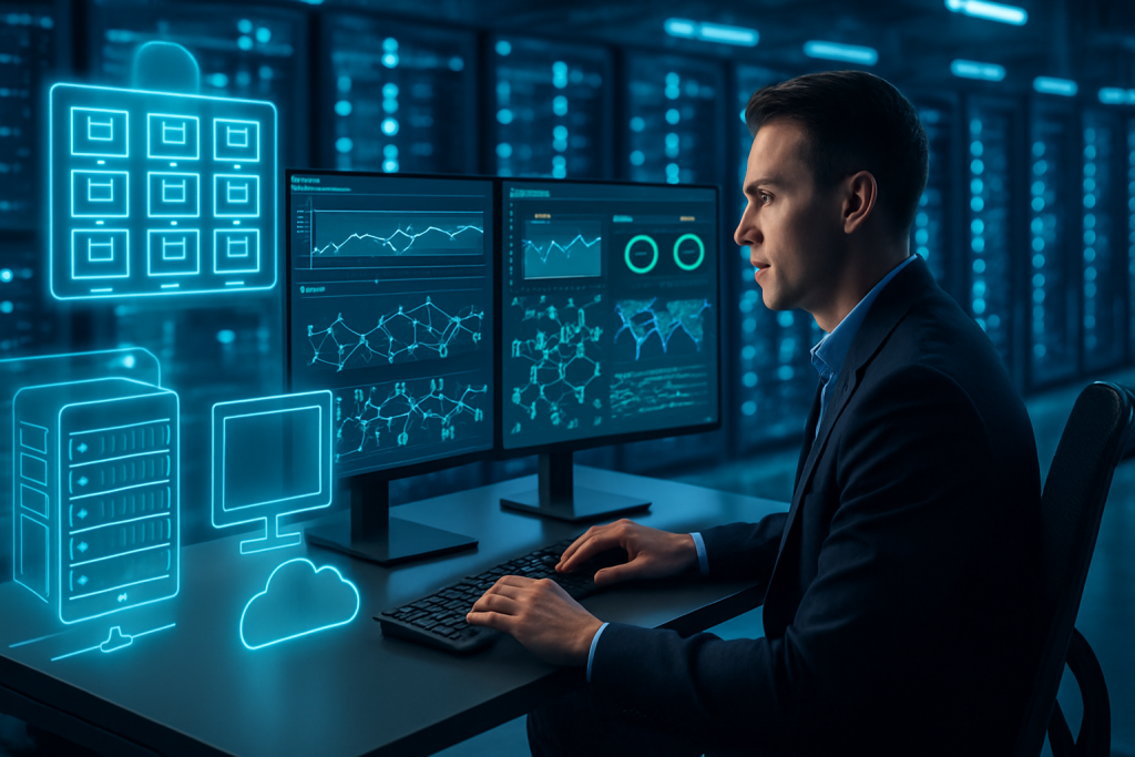IT admin deploys and optimizes virtual machine VDI dashboard in modern data center, showcasing secure, fast setup