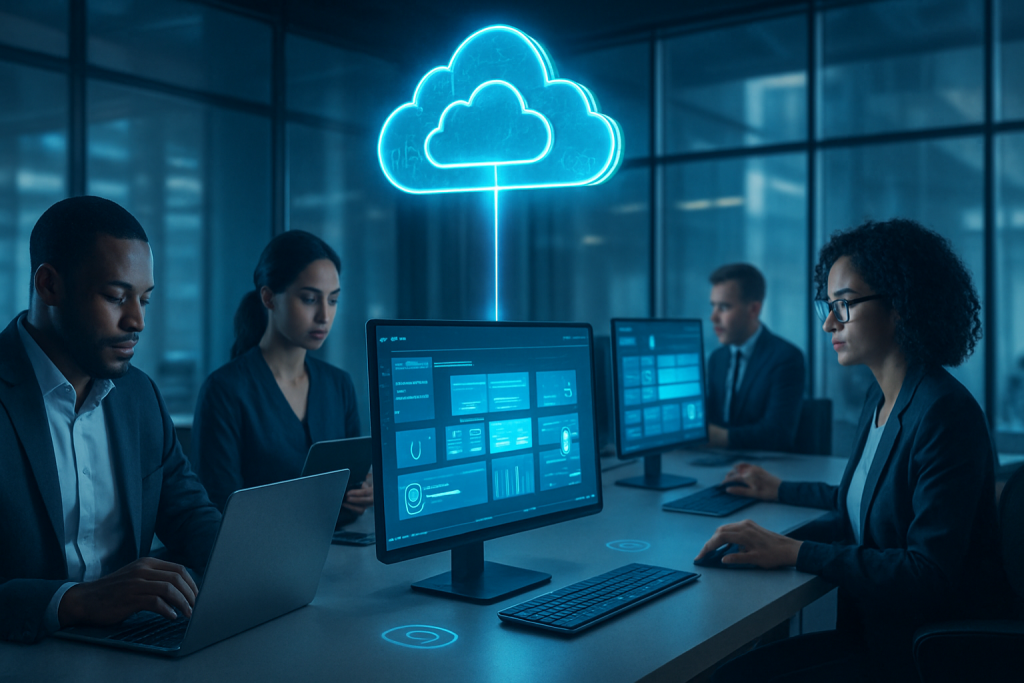 Modern hybrid office with cloud-connected virtual desktops on laptops, tablets and monitors — VDI 2025 concept.