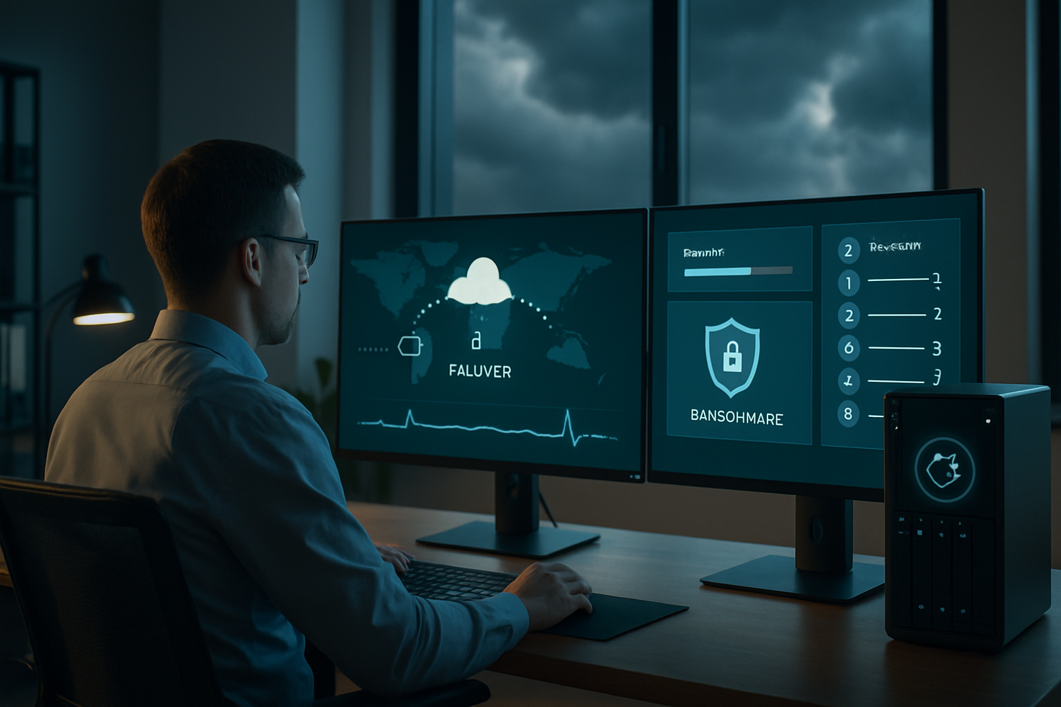 Small business IT manager monitoring backups and cloud failover for disaster recovery solutions and ransomware protection
