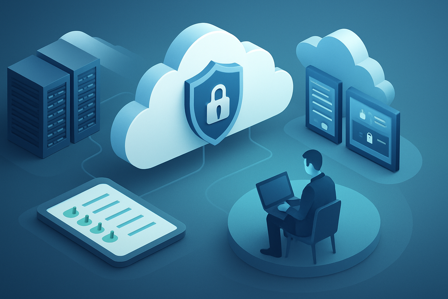 CMMC compliance cloud infrastructure with secure hybrid architecture, lock shield, and auditor reviewing evidence.