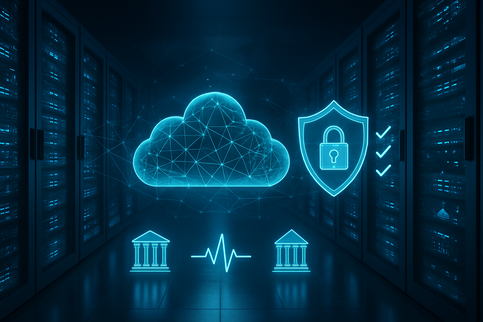 Compliance-ready 2025 GPU cloud: secure data center, audit controls, finance, healthcare, and government icons.