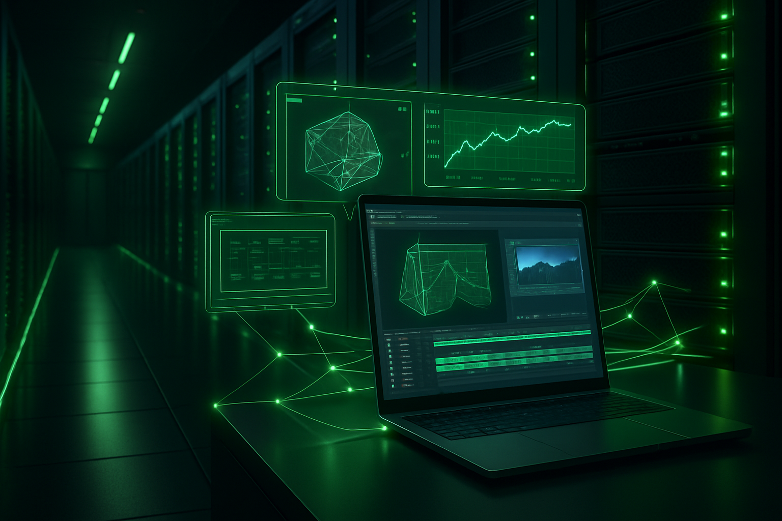 NVIDIA-powered virtual desktops with GPU servers and remote 3D, AI, and video workflows illustration.