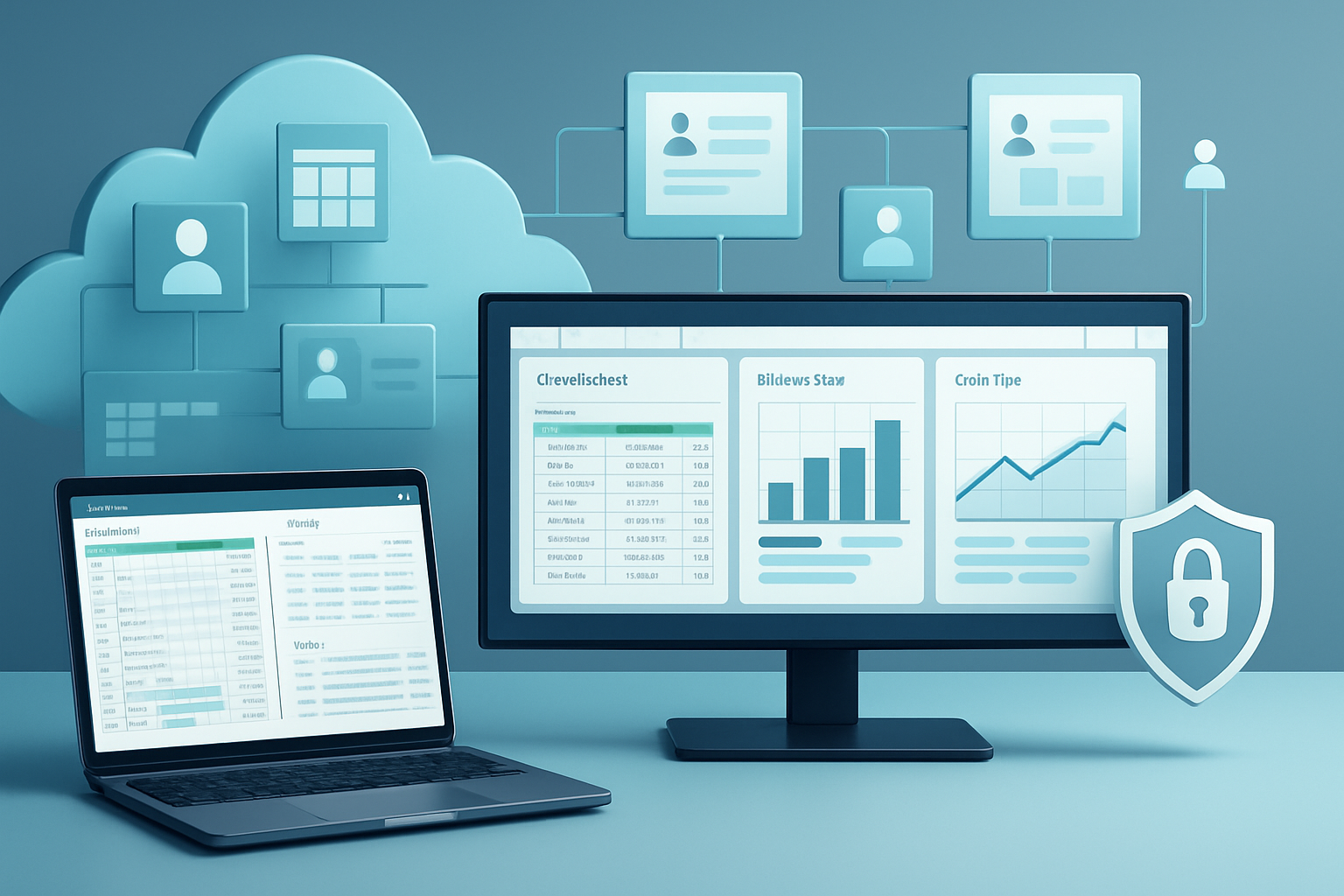 Secure private cloud desktops for finance and accounting teams with compliance icons and remote analysts reviewing ledgers