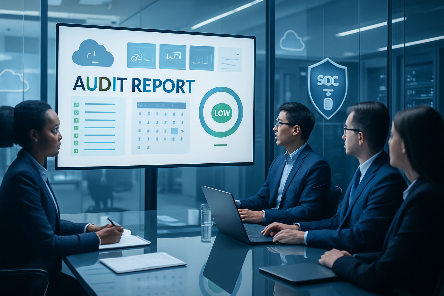 Security team choosing a SOC 2 Type 2 certified cloud provider via checklist, cloud dashboard, and audit timeline