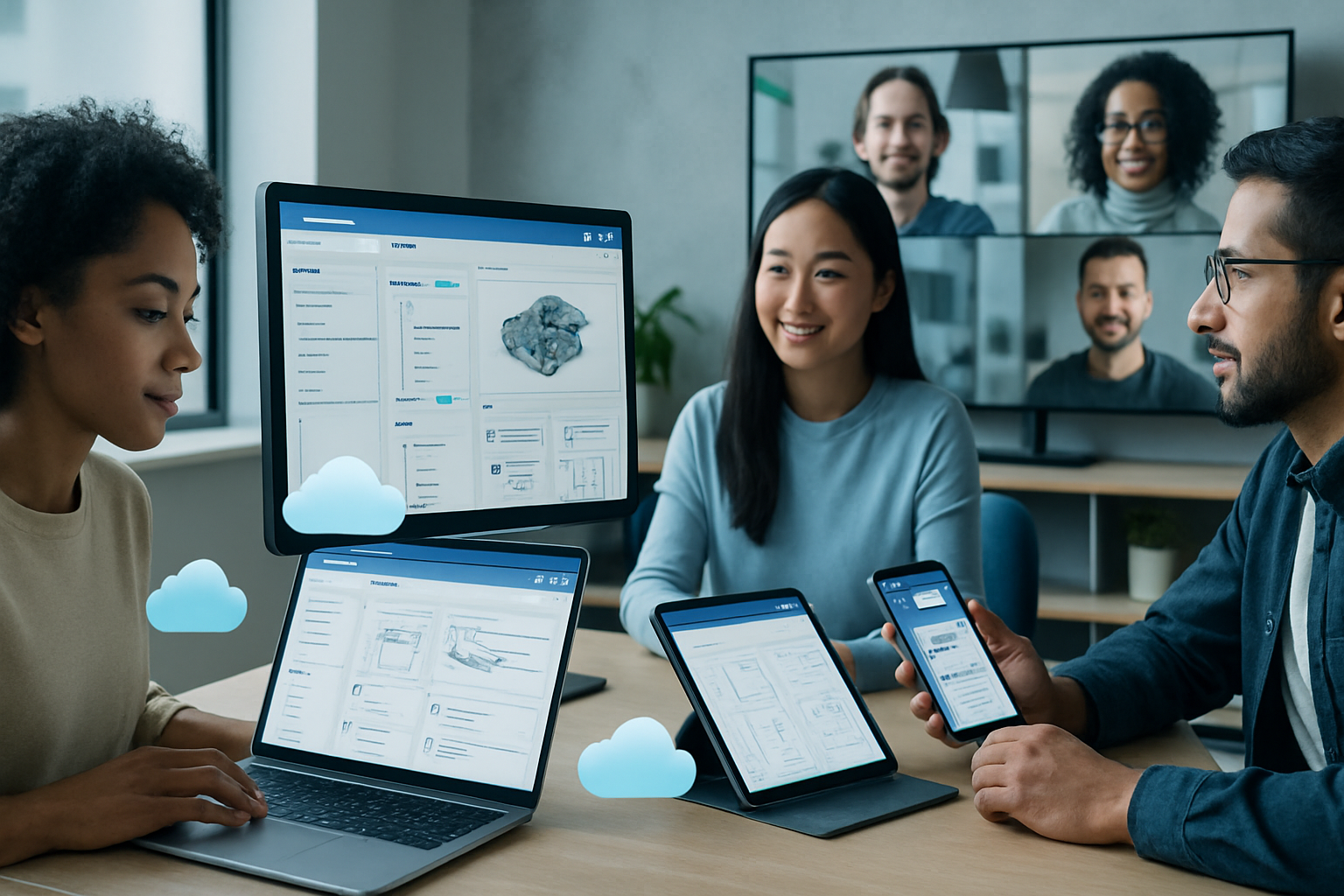 Cloud collaboration dashboard for product design teams with CAD models, UI mockups, version control, and secure sharing