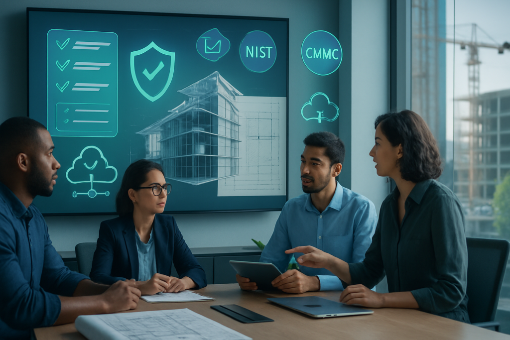 AEC cybersecurity compliance checklist with secure BIM model, NIST/CMMC icons, protected CUI and project data.
