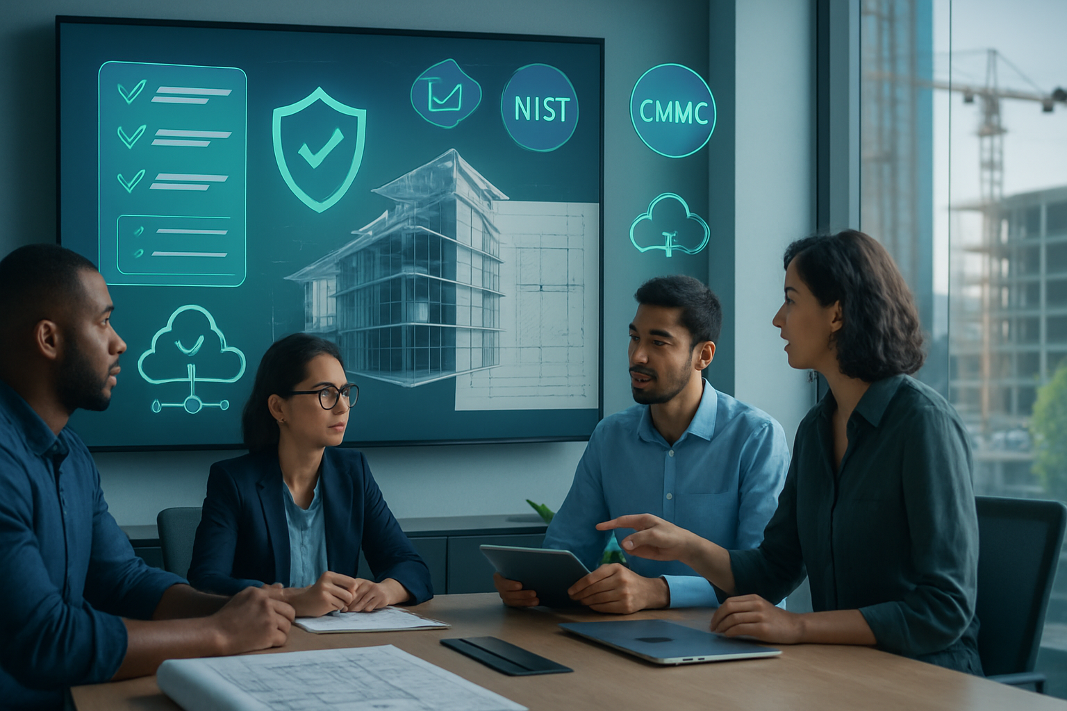 AEC cybersecurity compliance checklist with secure BIM model, NIST/CMMC icons, protected CUI and project data.