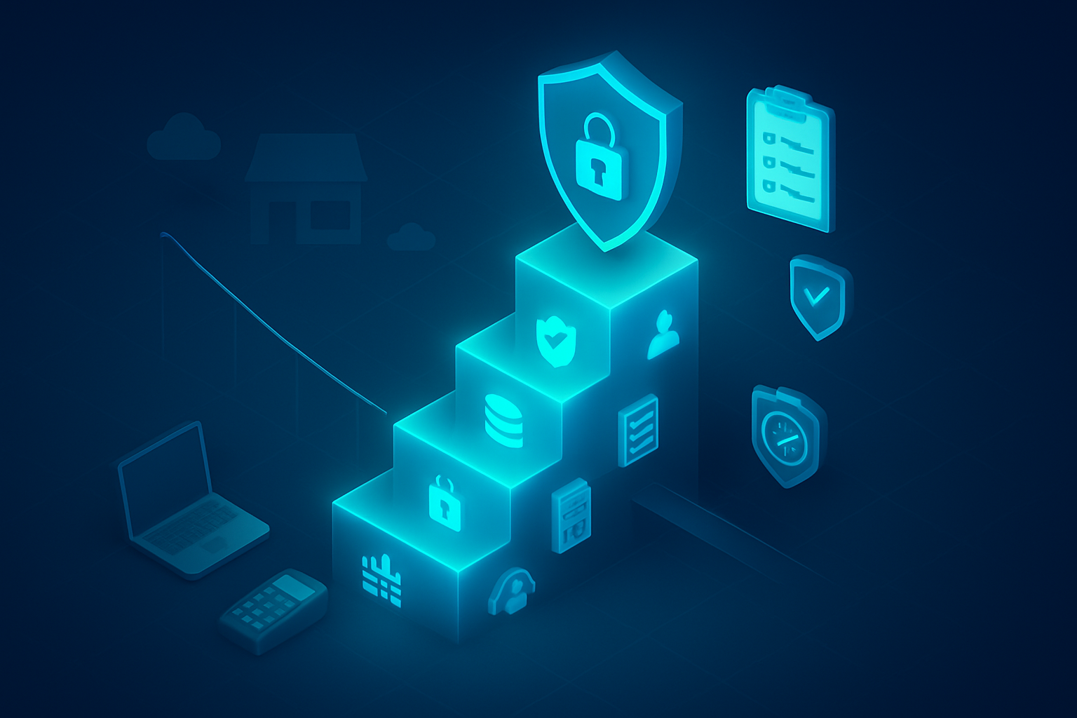 Cybersecurity maturity model roadmap for small businesses with layered steps, risk reduction, and compliance icons.