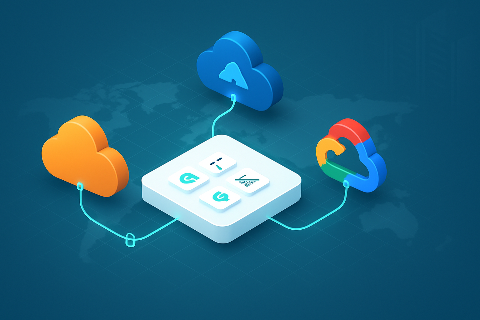 Multi-cloud orchestration dashboard connecting AWS, Azure, and Google Cloud for IT leaders, reliability, cost, compliance.