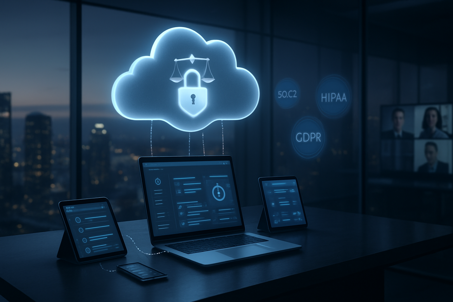 Secure cloud hosting for law practices in 2025 with lock, cloud, scales of justice and remote devices