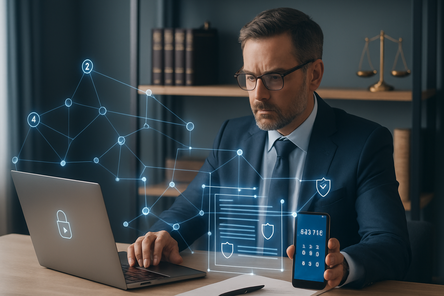 Lawyer using MFA on laptop for secure remote access with zero trust overlay in modern home office and compliance icons